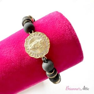 Virgin Mary charm Adjustable Black & Gold beaded rope religious Bracelet 13"